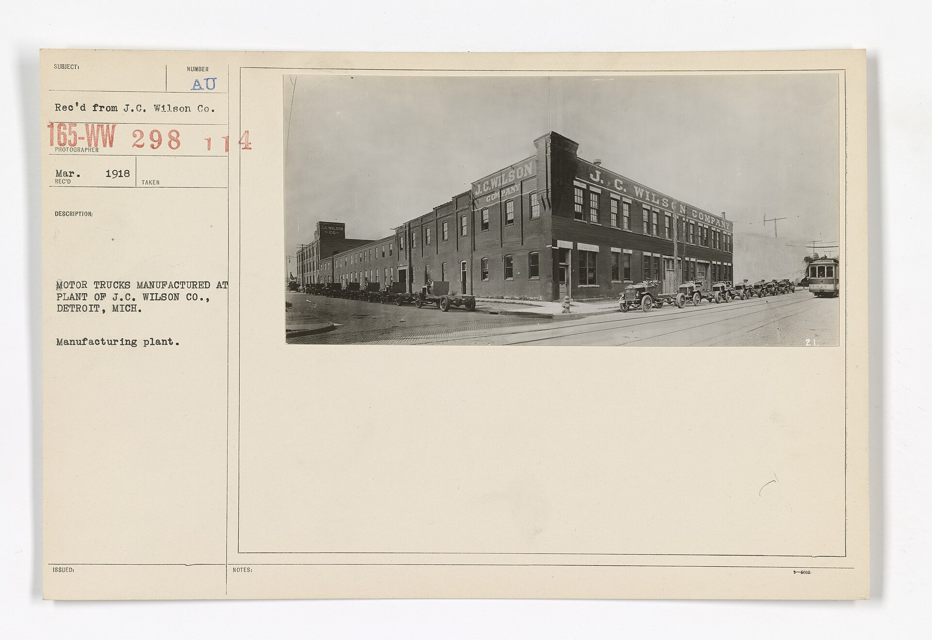 Motor Vehicles - Motor Trucks - Manufacturers - Motor trucks manufactured at Plant of J.C. Wilson Co., Detroit, Mich. Manufacturing plant - DPLA - 4a9cd8e3373fdb4abf529ec83ac06199 — industrial site in Detroit, United States